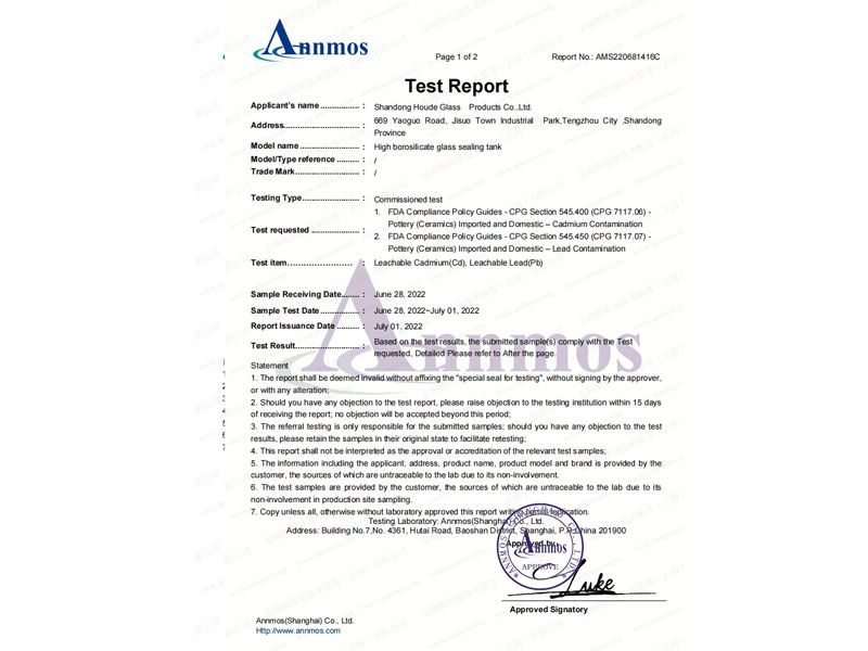 AMS220681416CFDA--Glass Ceramics--Lead and Cadmium Dissolution